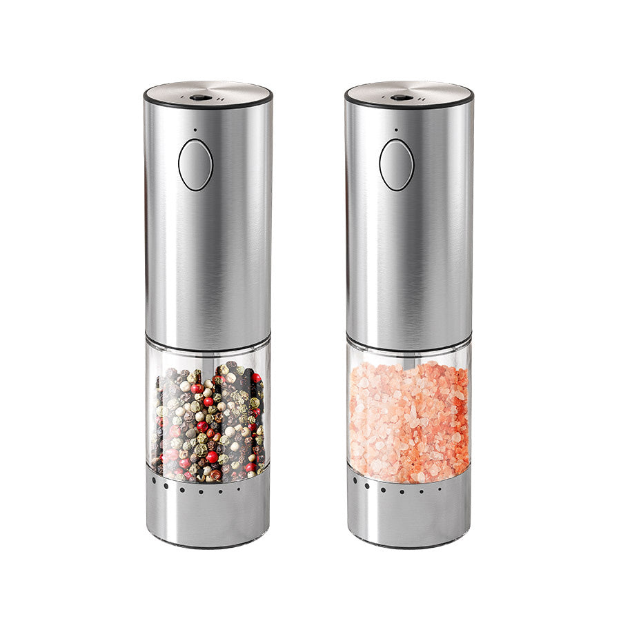 Moderne elektrisk salt- og pepperkvern i rustfritt stål, med justerbar keramisk kvern og elegant design.
