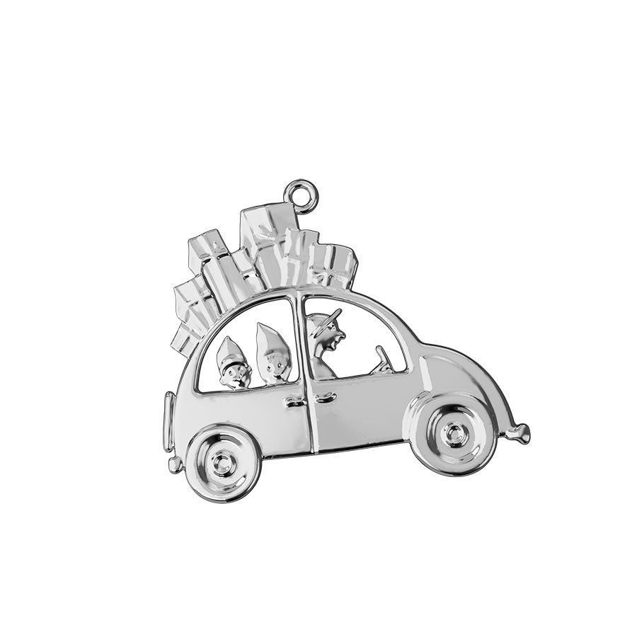 Forsølvet julebil med gaver fra Rosendahl, en sjarmerende julefigur med passasjerer som fanger julestemning.