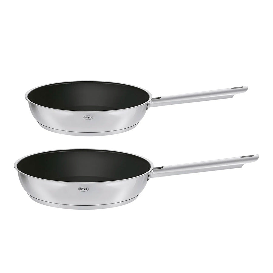 Røsle Pure Elements stekepannesett med to stekepanner i rustfritt stål og keramisk belegg, 20 og 28 cm, perfekt for sunn matlaging.