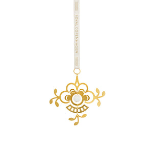 Elegant julepynt fra Royal Copenhagen i forgylt design med hvit porselensperle, perfekt for juletreet.