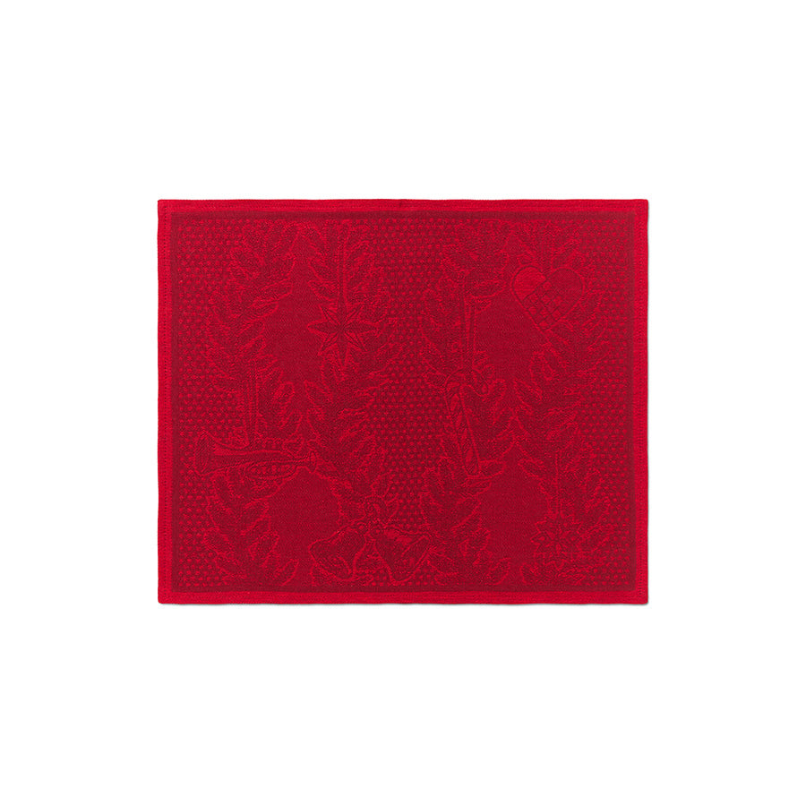 En enkelt bordbrikke i rødt fra Royal Copenhagen, utsmykket med klassiske julemotiver. Perfekt for å skape en festlig atmosfære på julebordet.