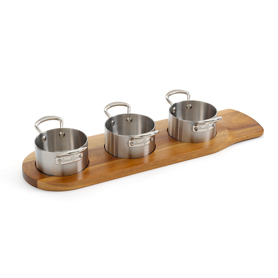 Samuel Groves Minigryter S/3 stål 9cm – tre Minigryter i rustfritt stål på trebrett (Classic Stainless Steel-serien)