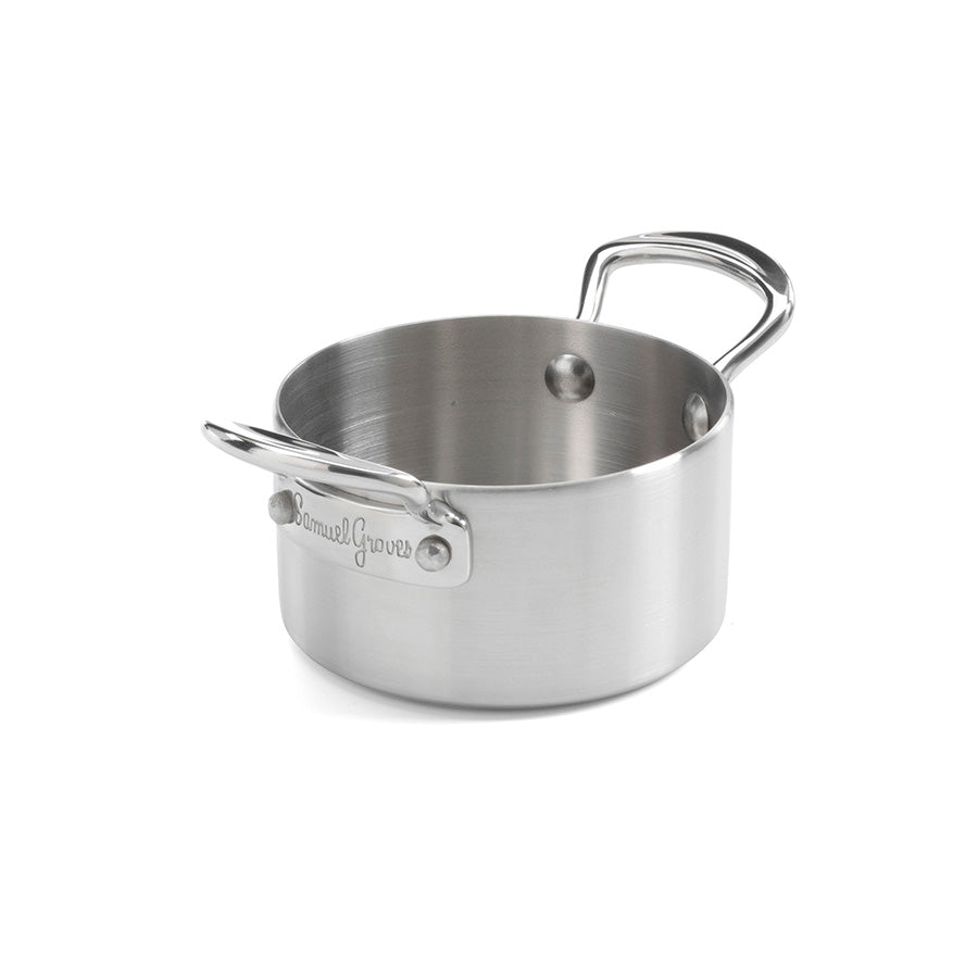 Samuel Groves Minigryter S/3 stål 9cm – nærbilde av én Minigryte i rustfritt stål med håndtak, fra Samuel Groves