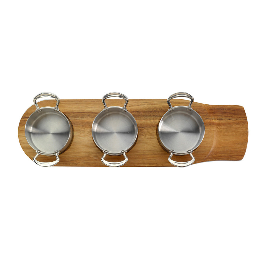 Samuel Groves Minigryter S/3 stål 9cm – tre Minigryter på serveringsbrett i tre, stål 9 cm fra Samuel Groves