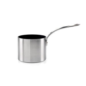 Samuel Groves melkekasserolle i rustfritt stål, 14 cm, sett fra siden, fremhever det elegante designet.