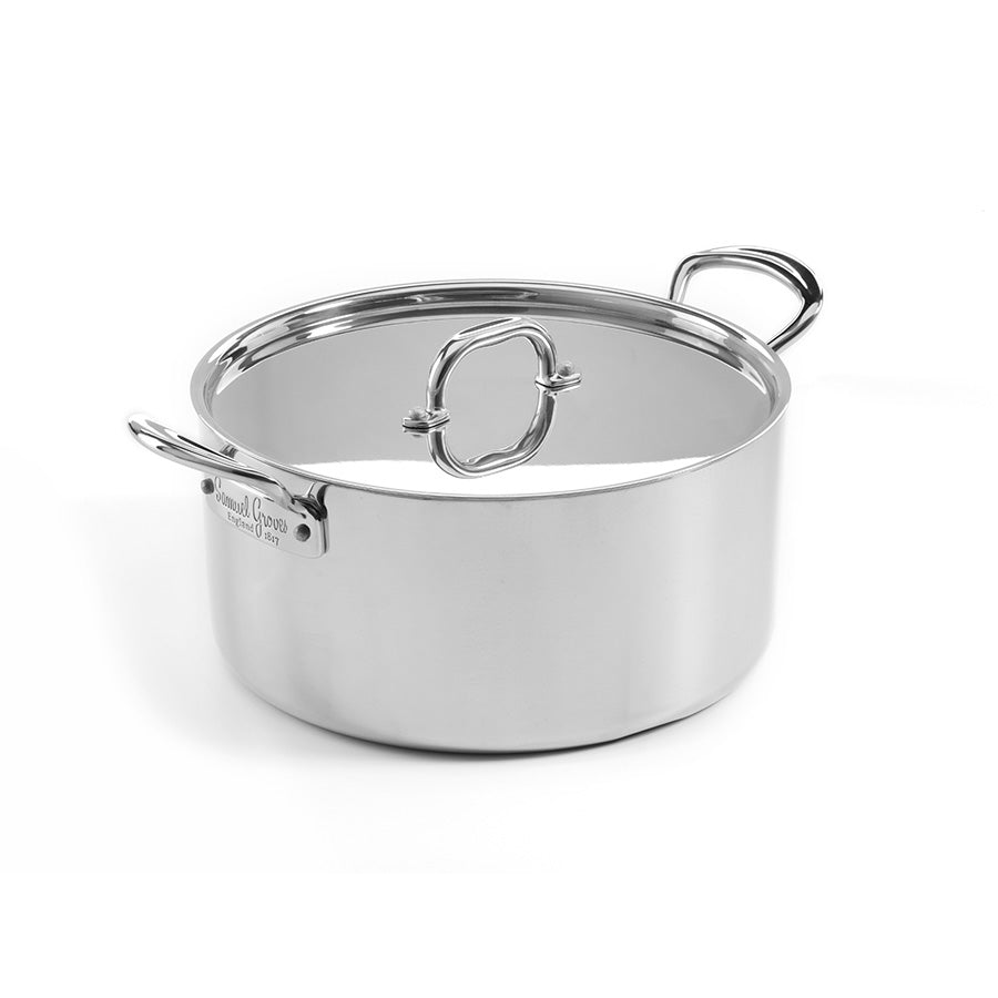 Samuel Groves gryte i rustfritt stål uten lokk, designet for presis temperaturkontroll og holdbarhet.