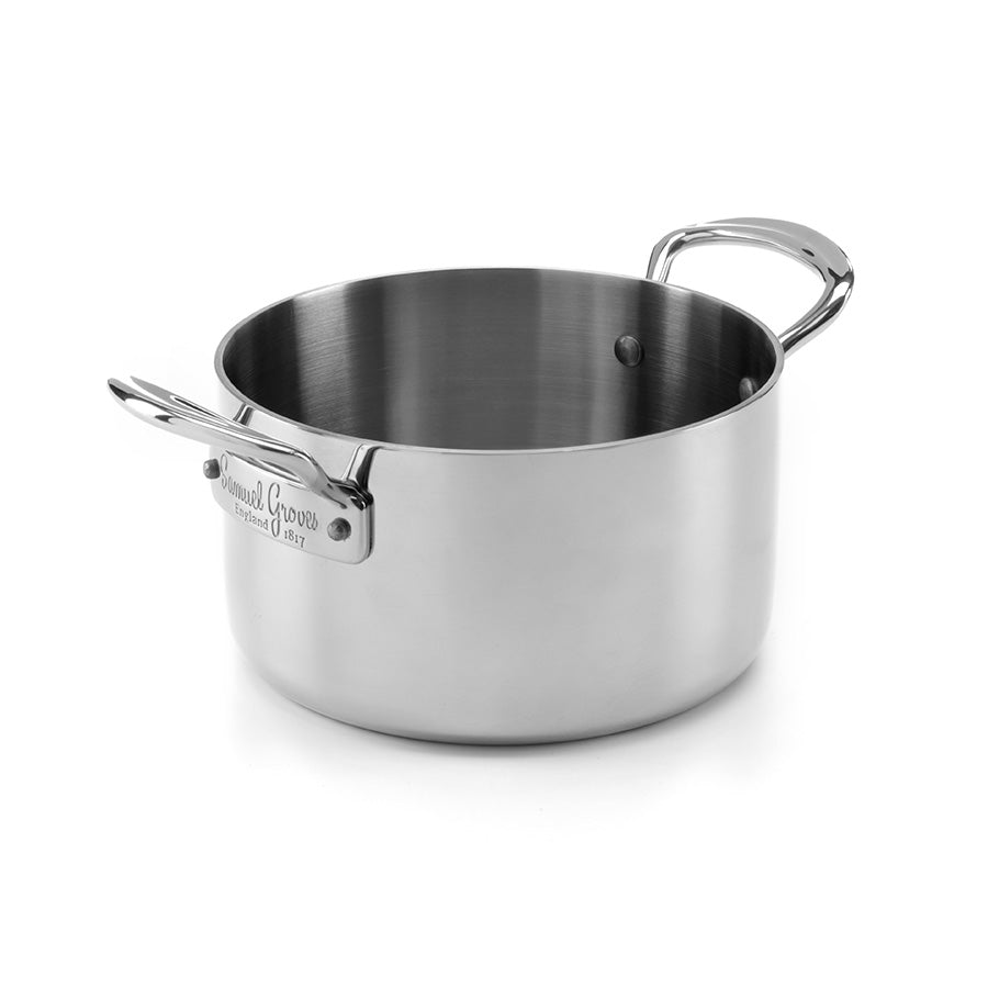 Samuel Groves gryte i rustfritt stål med åpen design og ergonomiske håndtak, perfekt for daglig bruk.