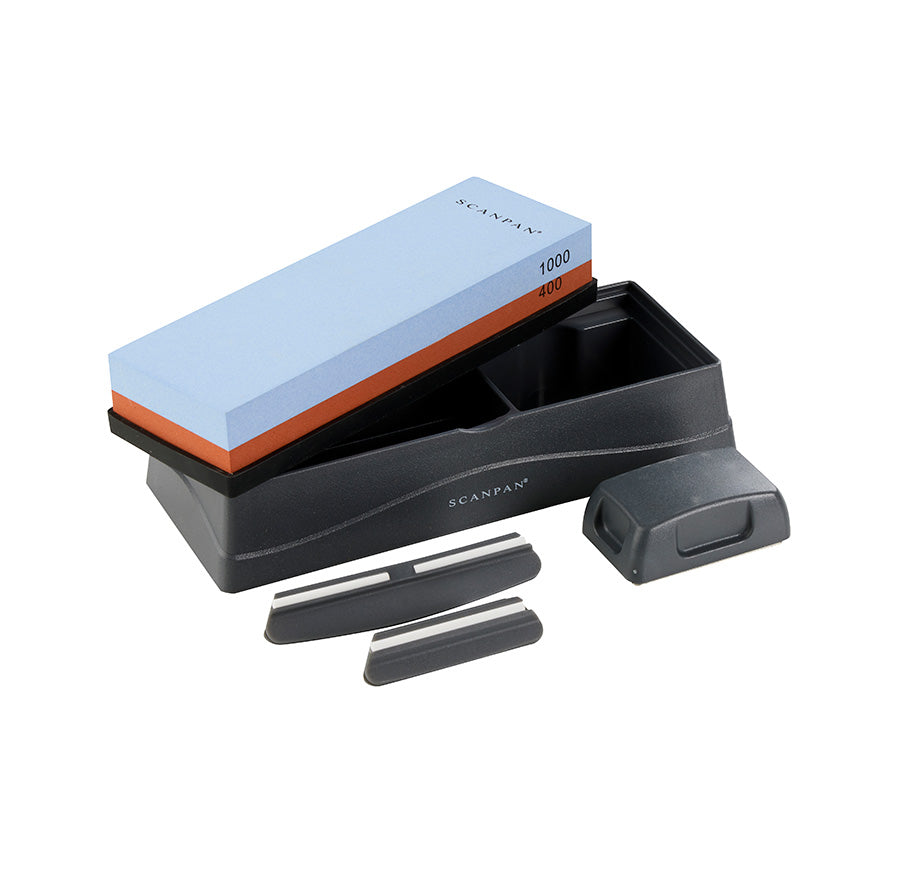 Komplett Scanpan Slipestein Systemkit med holder og to brynestener for profesjonell knivsliping.