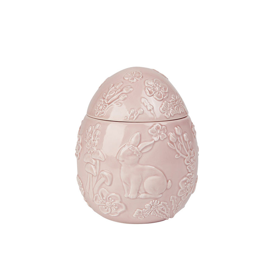Dekorativt rosa påskeegg i porselen med relieff av blomster og hare, perfekt for påskepynt og oppbevaring.