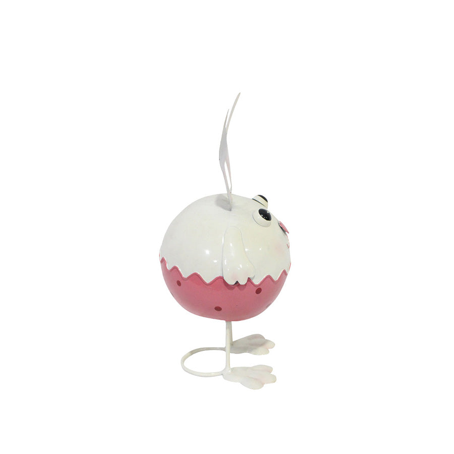 Baksiden av en metallhare i eggedesign med rosa farge, egner seg som dekorasjon til påske og kombineres enkelt med andre figurer.