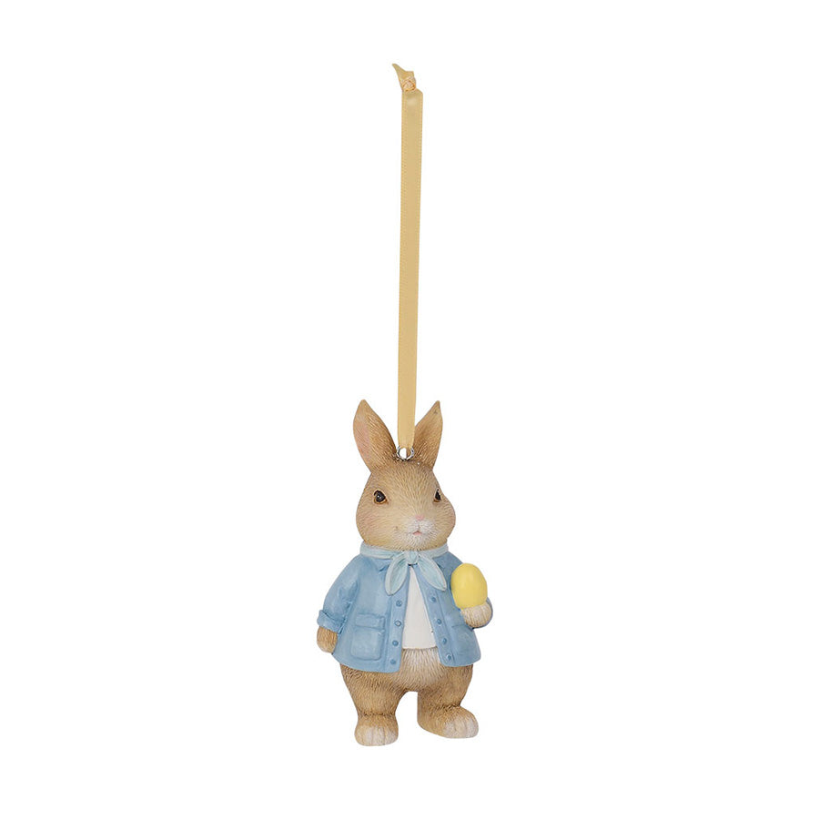 Seasons påskepynt harefar i blå jakke, holder påskeegg, 10 cm høy dekorasjon for påske og vår.