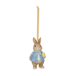 Seasons påskepynt harefar i blå jakke, holder påskeegg, 10 cm høy dekorasjon for påske og vår.