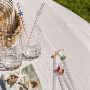 Stilrent og gjenbrukbart sugerør i klart glass fra Seasons, dekorert med sjøstjerne for sommerstemning.
