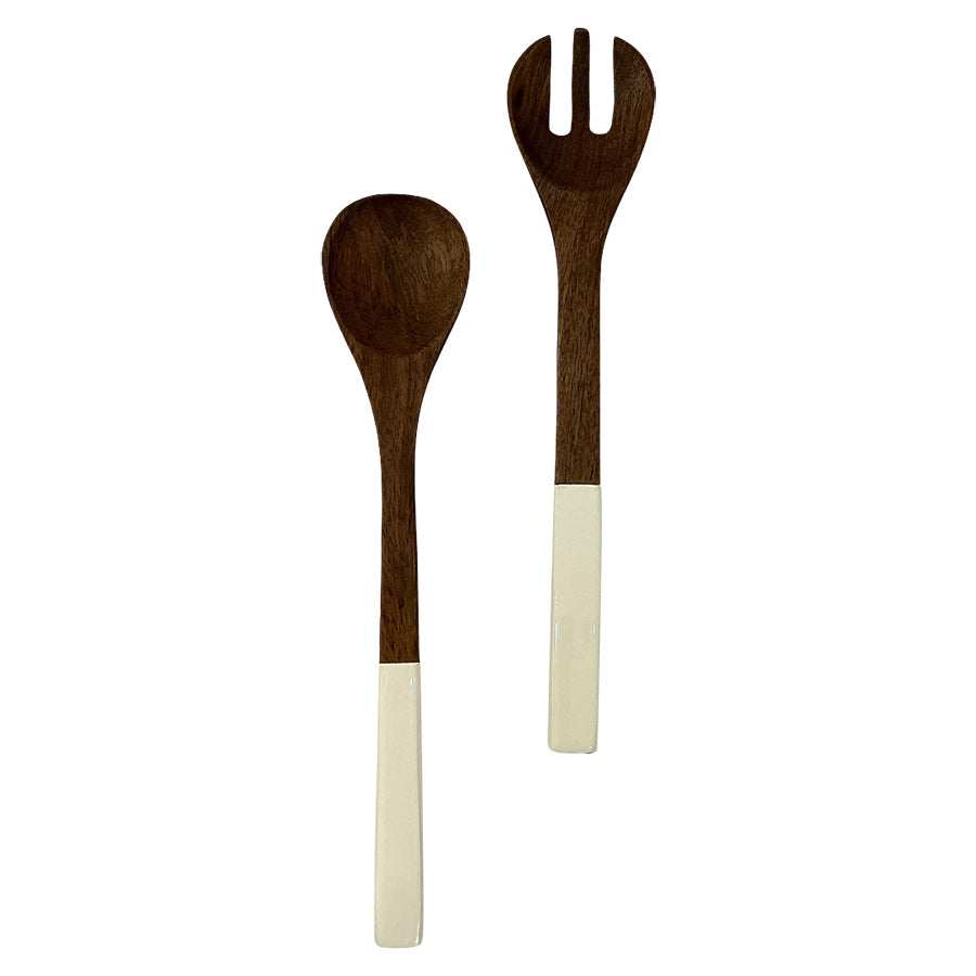 Salatbestikk i mørkt tre med hvite emaljehåndtak, perfekt for servering av salater, 35 cm lengde.