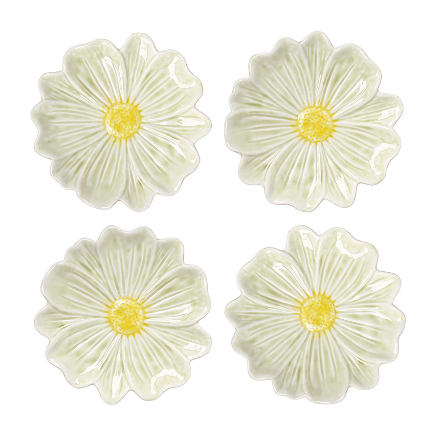 Blomstformede tallerkener 21 cm i lys grønn med gult midtpunkt, sett med 4pk, perfekt for vårinspirert borddekking.