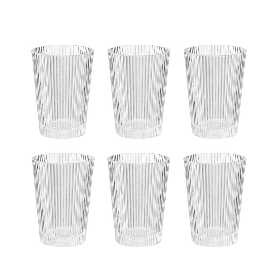 Settet med 6 stilige drikkeglass i plast med Art Deco-design, perfekt for både hverdag og fest.