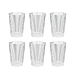 Settet med 6 stilige drikkeglass i plast med Art Deco-design, perfekt for både hverdag og fest.