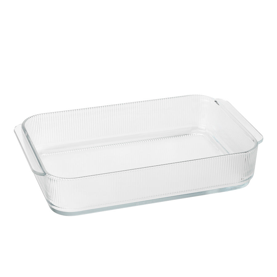 Stelton Pilastro ildfast form i klar glass, stilren design med rillemønster, ideell for baking og servering.