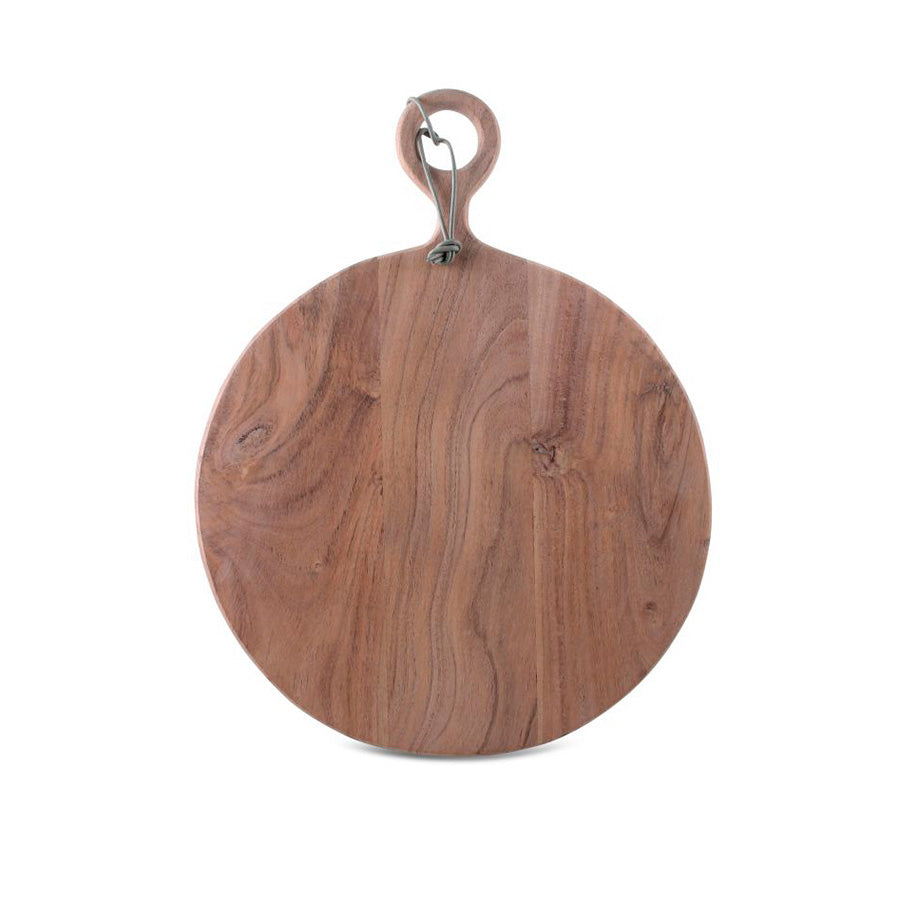 Håndlaget trefjøl i akasietre, rund design med praktisk oppheng, perfekt for servering og dekorasjon.