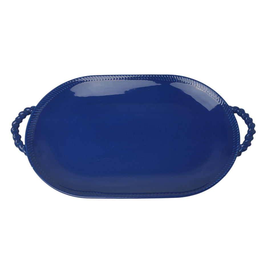 SEASONS Seasons Summer Collection serveringsfat i marineblå porselen med hanker, oval form og ripekant – 48,5 cm stort serveringsfat til tapas og skalldyr