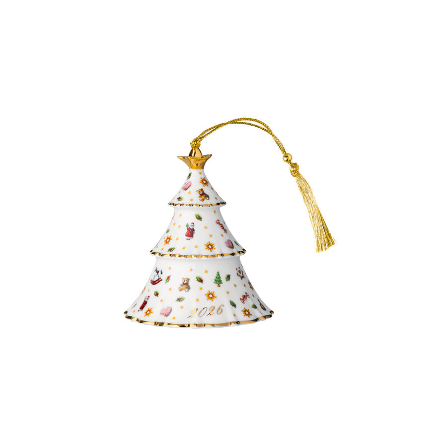 Villeroy & Boch Christmas Classics julepynt 2026 – hvitt porselensjuletre med gullkanter, julemotiver, stjerne og gullsnor med dusk