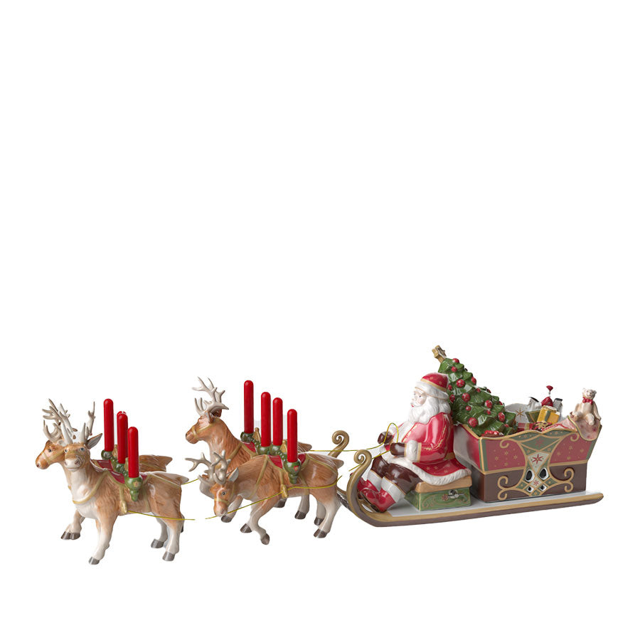 Villeroy & Boch julenisse med slede og reinsdyr, dekorativ spilledåse med lysestaker, tradisjonell julepynt.
