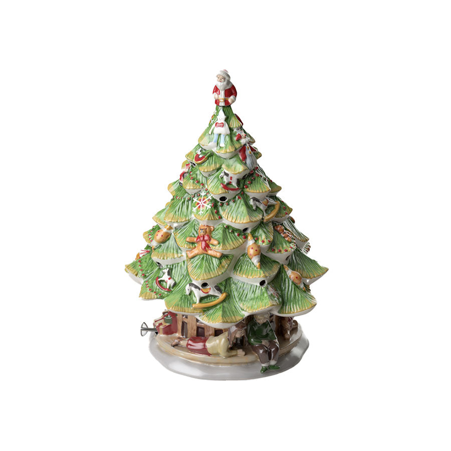 Villeroy & Boch juletre spilledåse i porselen, dekorert med julesymboler og en julenisse på toppen, høyde 30,5 cm, perfekt for julepynt.
