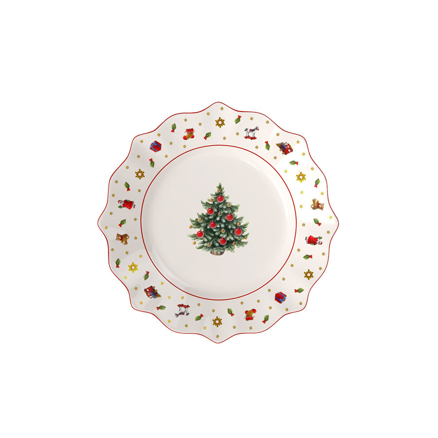 Villeroy & Boch Toy's Delight tallerken 24,4 cm med juletre, julefigurer, gaver og stjerner på hvit bakgrunn