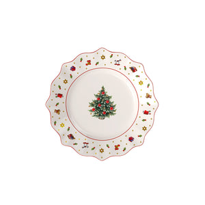 Villeroy & Boch Toy's Delight tallerken 24,4 cm med juletre, julefigurer, gaver og stjerner på hvit bakgrunn