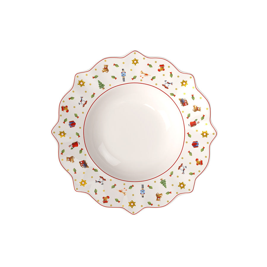 Villeroy & Boch Toy's Delight dyp tallerken 26,5 cm med bølget kant og nostalgiske julemotiver i rødt, gull og grønt