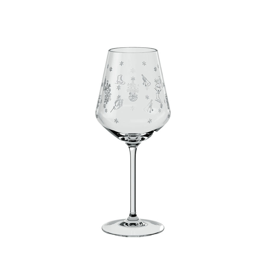 Villeroy & Boch rødvinsglass i krystall med nostalgiske julemotiver, perfekt til julefeiringen.