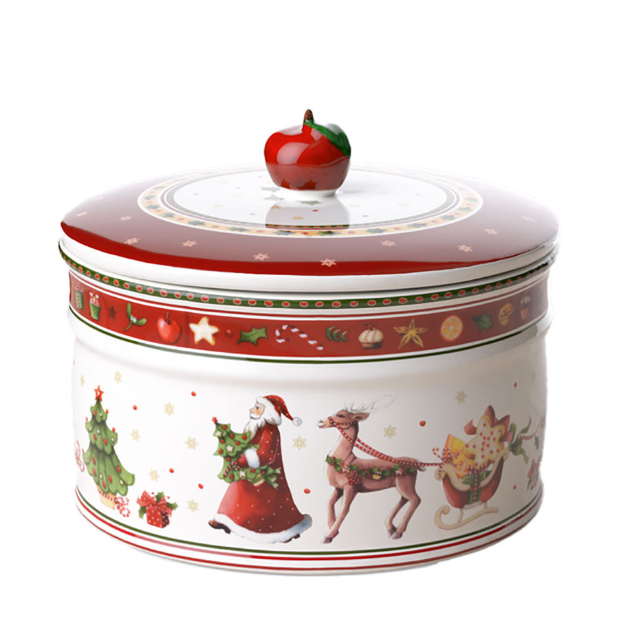 Villeroy & Boch kakeboks med nostalgisk julemotiv, dekorert med nisse, reinsdyr og juletre, perfekt for oppbevaring av julebakst.