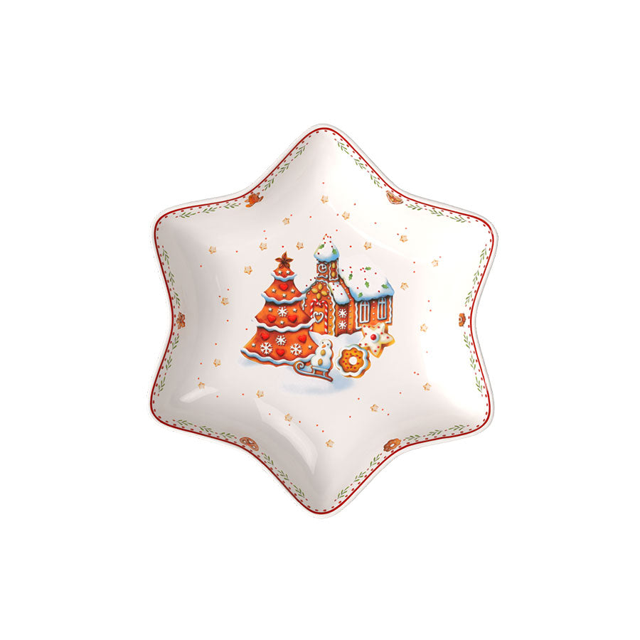 Villeroy & Boch stjerneformet serveringsbolle med julemotiv, inkludert pepperkakehus og juletre, perfekt for festlige anledninger. Volum 360 ml.